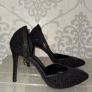 Black sparkly high heels with Strap and Pointed Toe